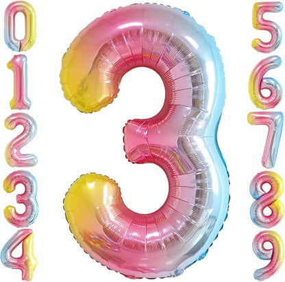 Rainbow Gradient Number 3 Balloon 40 Inch Big Large Balloons 0-9 | 3rd Helium by SULALABOO