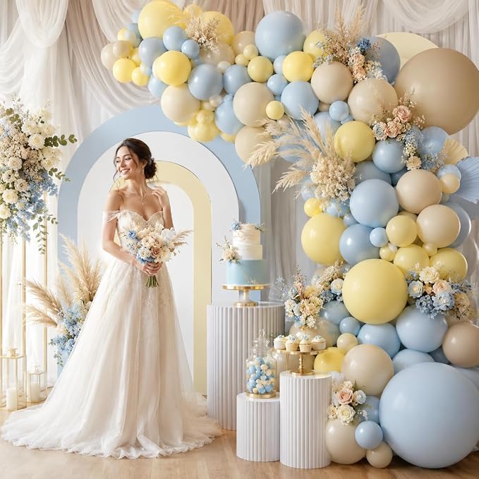 Pastel Blue Yellow Balloon Garland Arch - Image 4