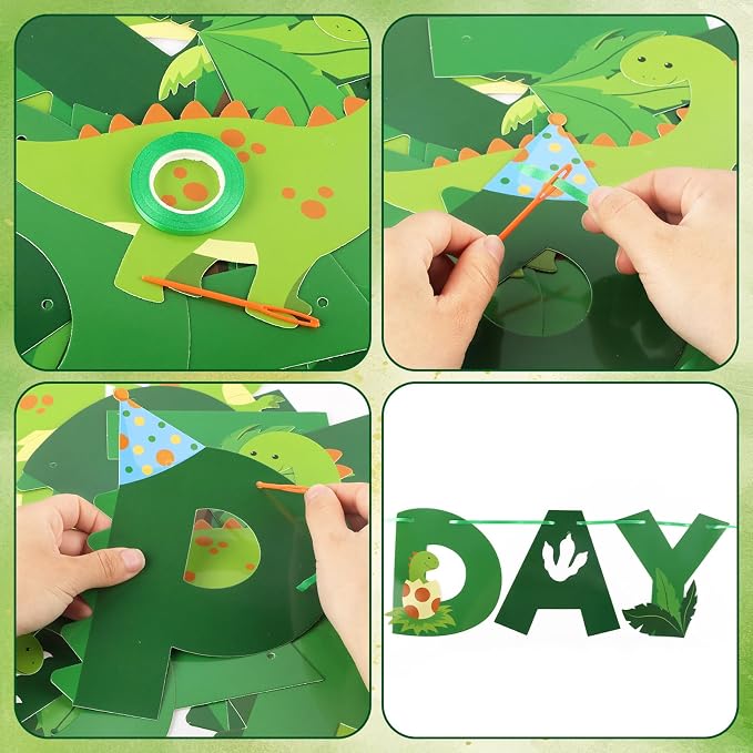 Dinosaur Happy Birthday Banner Cute Dinosaur Party Banner Green Dinosaur - Image 3