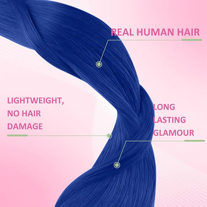 YoungSee Tape in Hair Extensions Real Human Hair Blue Invisible Tape in Human Hair Extensions Blue 18 Inch Seamless Tapes Hair-Extensions Colored 10pcs 25g DIY Hair Extension