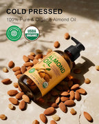 Organic Almond Oil 8 fl oz, USDA 100% Pure Natural Cold Pressed Almond Oils in Glass Bottle, Moisturizing Carrier Oil for Face, Hair & Body - Ideal for Skin Care, Soothing Massage & DIY Beauty