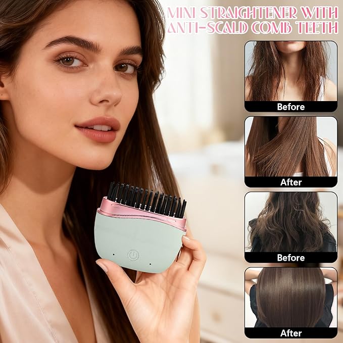 Mini Straightener,Mini Hair Straightener for Women,New Rechargeable Wireless Portable Hair Straightener Brush,Rapid-Heat with Three Temperature Controls,Heat-Resistant Shell Travel Comb (White)