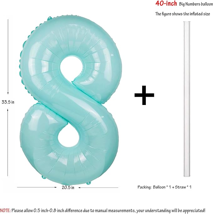 Macaron Blue Number 8 Balloon 40in Large Helium Foil Polyester Film Balloon | - Image 2