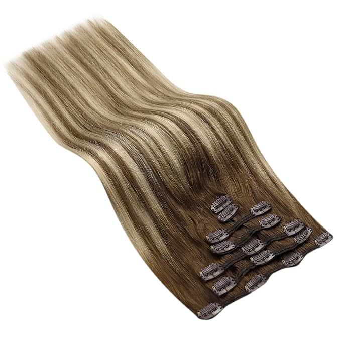 Ve Sunny Balayage Clip in Hair Extensions Brown Blonde Human Hair Clip in Extensions Ombre Hair Extensions Real Human Hair Clip ins Short Straight Hair Soft and Natural 100g 14in