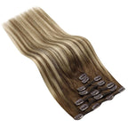 Ve Sunny Clip in Hair Extensions Balayage Human Hair Clip in Extensions Ombre Chestnut Brown to Platinum Blonde Clip in Hair Extensions Real Human Hair for Holiday Party 120g 7pcs 16inch