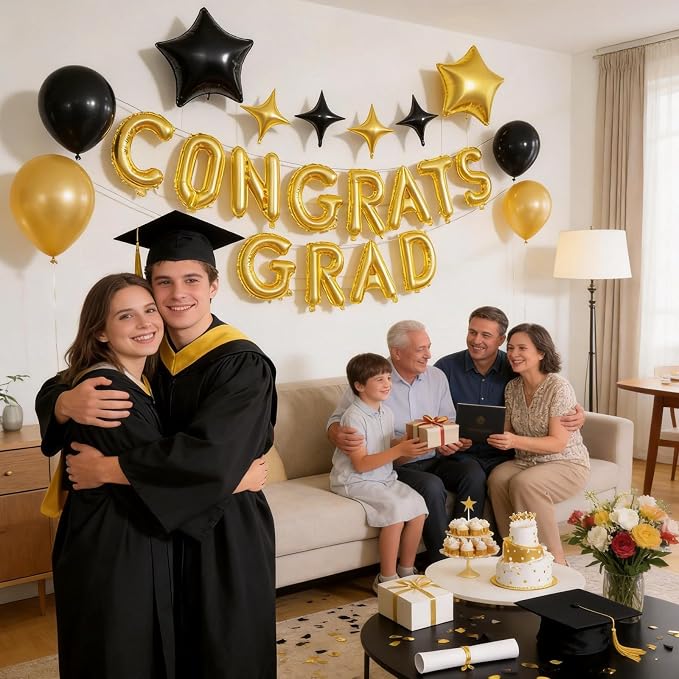 Congrats Grad Balloons, 16 Inch Black Gold Congrats Grad Letters Banner Balloons - Image 3