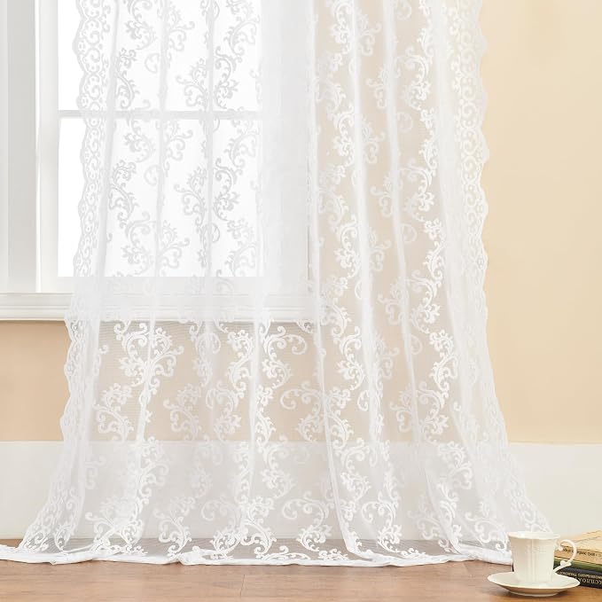 White Lace Curtains 102 Inches Long 2 Panels Paisley Floral Sheer Curtains - Image 6