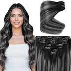 Ve Sunny Real Hair Extensions Clip in Human Hair Black Ombre Grey Balayage Remy Clip in Hair Extensions Human Hair Full Head Set 18inch 7pcs 120g