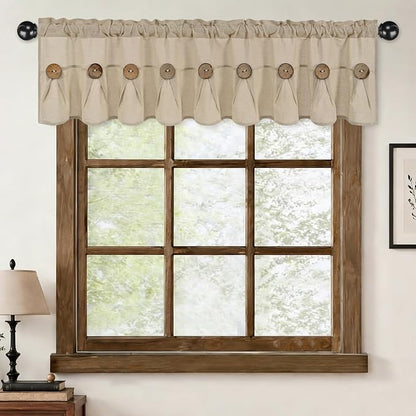 Farmhouse Valance Curtains, Boho Cotton Linen Kitchen Valance, Rustic Button - Image 2