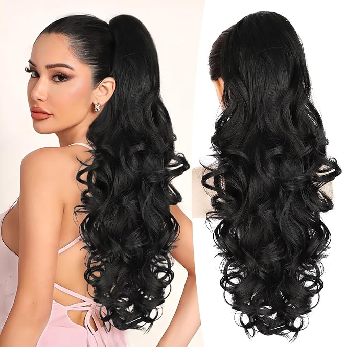 ALXNAN Ponytail Extension,24 Inch Claw Clip in Long Curly Wavy Black Ponytail Hair Extension Jaw Clip on Pony Tails Hairpiece for Women