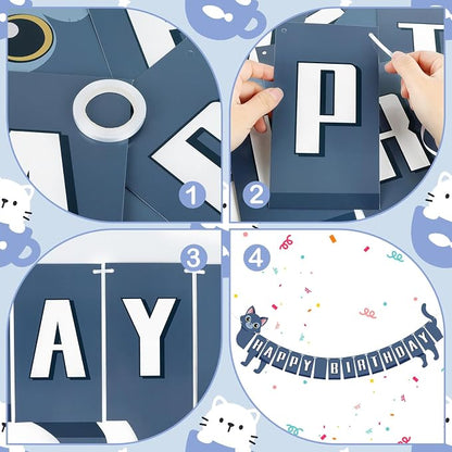 Cat Happy Birthday Banner Blue Cat Banner Bunting Flag Garland Birthday Party - Image 7