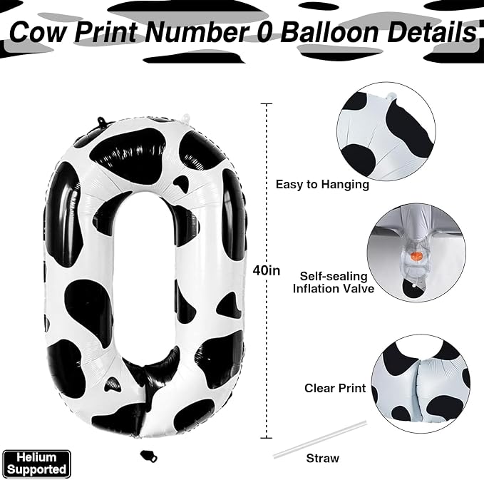 40 Inch Cow Print Number 0 Balloon, Large Black & White Foil Mylar Number - Image 3