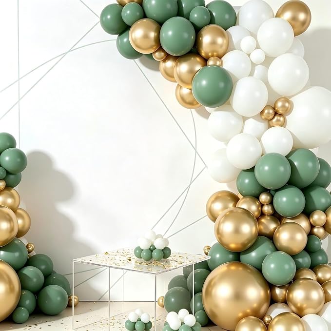 Sage Green Gold Balloon Garland Arch Kit 160Pcs Sage Green White and Gold Latex - Image 4