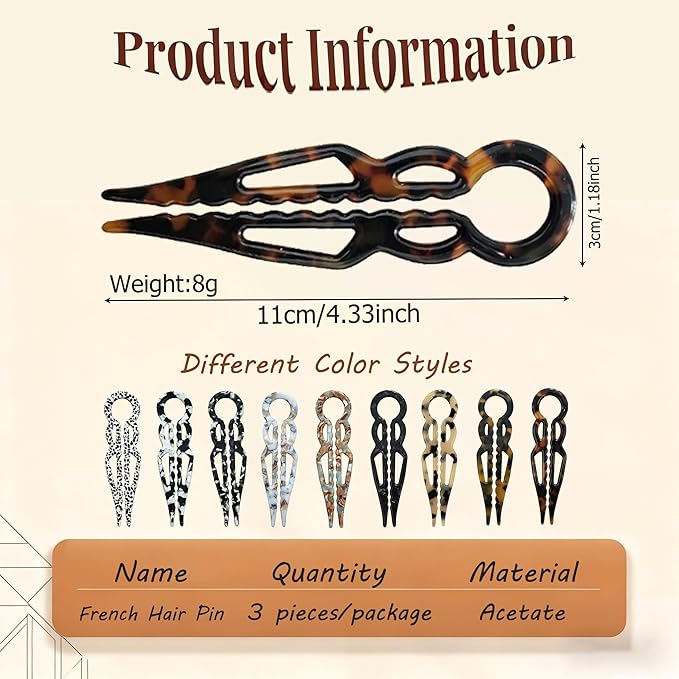 3Pcs Prestige French Hair Pins New Elegant Hair Accessories for Women Elegant Hair Clips for Thin Thick Hair Serrated Anti-Slip Design (Color C)