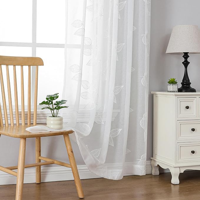 White Sheer Curtains Leaf Embroidered 63 Inches Long 2 Panels | Light Filtering by VISIONTEX