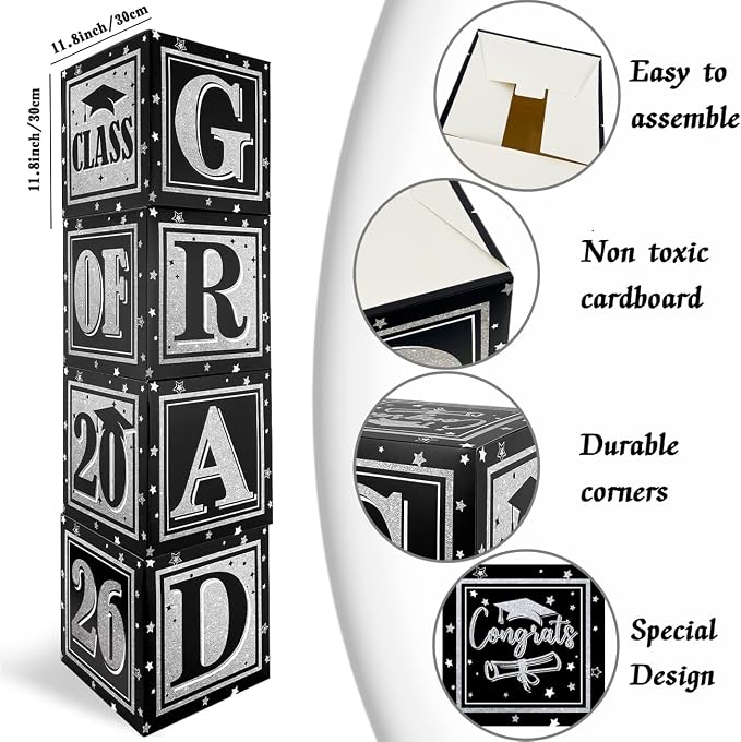 Black and Silver Graduation Decorations Class of 2026 Balloon Boxes - Image 5