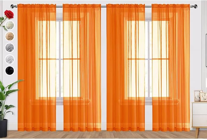 SpaceDresser Orange Sheer Curtains 4 Panels Rod Pocket Semi-Sheer Curtain 63 by SpaceDresser