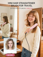 LANDOT Mini Hair Straightening Brush - Compact Heated Ionic Straightener Brush for Frizz-Free, Smooth Results, Lightweight Hot Comb & Travel Flat Iron Perfect for Short Medium Hair, Blush