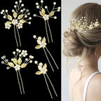 5 Pieces Bride Hair Pins Pearl Bridal Hair Piece for Women Sparkly Gold Leaf Crystal Hair Accessories for Bride Bridesmaids Flower Girls(Gold)