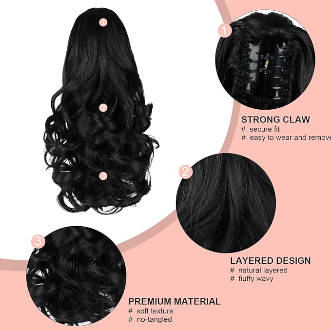Ponytail Extension, Clip on Ponytails for Women, 12" Claw Clip in Short Curly Wavy Pony Hair Extension for Women - Natural Black