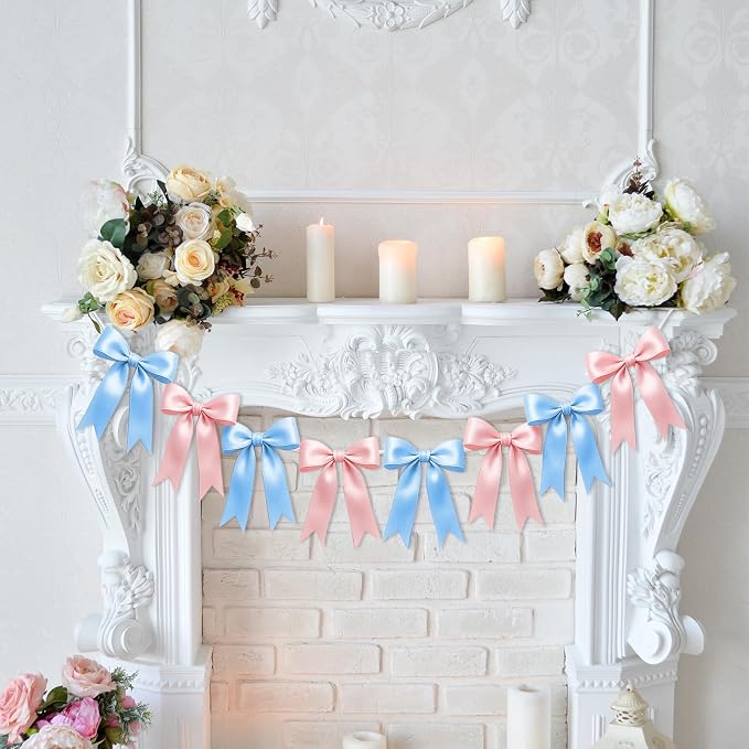 1 String of 8PCS Baby Pink&Baby Blue Bow Garland Banner Decoration, Pre-Strung - Image 4