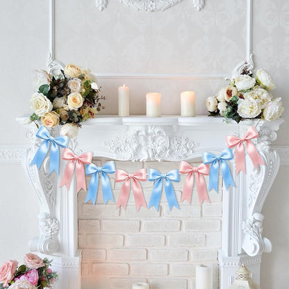 1 String of 8PCS Baby Pink&Baby Blue Bow Garland Banner Decoration, Pre-Strung - Image 4