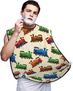 Beard Bib Apron for Men Shaving, Waterproof Non-Stick Hair Catcher with Suction Cups, Grooming Essential for Dad Husband, Cartoon Style Retro Steam Trains Shave Bib