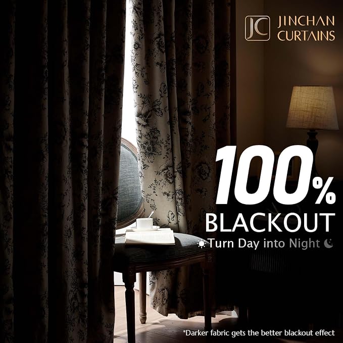 jinchan Floral Linen Blackout Curtains Lined 102 Inch Back Tab 2 Panels | - Image 2