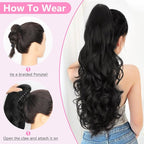 ALXNAN Ponytail Extension,24 Inch Claw Clip in Long Curly Wavy Black Ponytail Hair Extension Jaw Clip on Pony Tails Hairpiece for Women