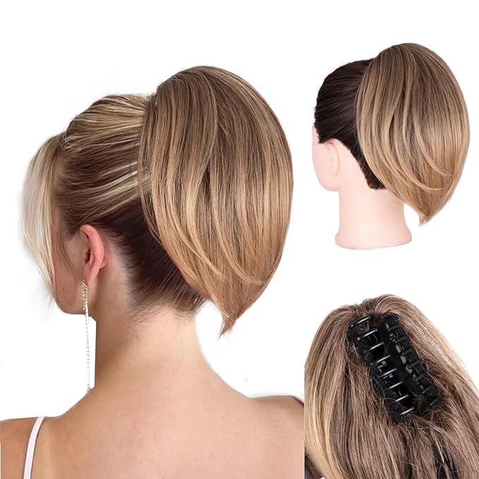 Claw Clip Ponytail Extension - 10 Inch Short Ponytail Extension, Straight Pony Tails Hair Extensions, Synthetic Hair Extensions Ponytail, Clip On Ponytails for Women (Light Brown with Golden Ends)