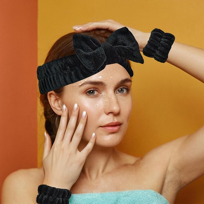 7 Pcs Spa Set, Facial Headband and Wristband Set, Skincare Accessories, College Style Girl Idea Gifts, Hair Accessories for Women and Girls (Black)