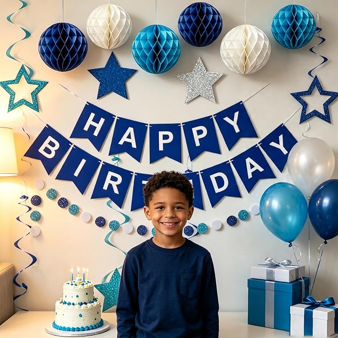 Blue Birthday Decorations for Men | Pre-Strung Happy Birthday Banner - Image 6