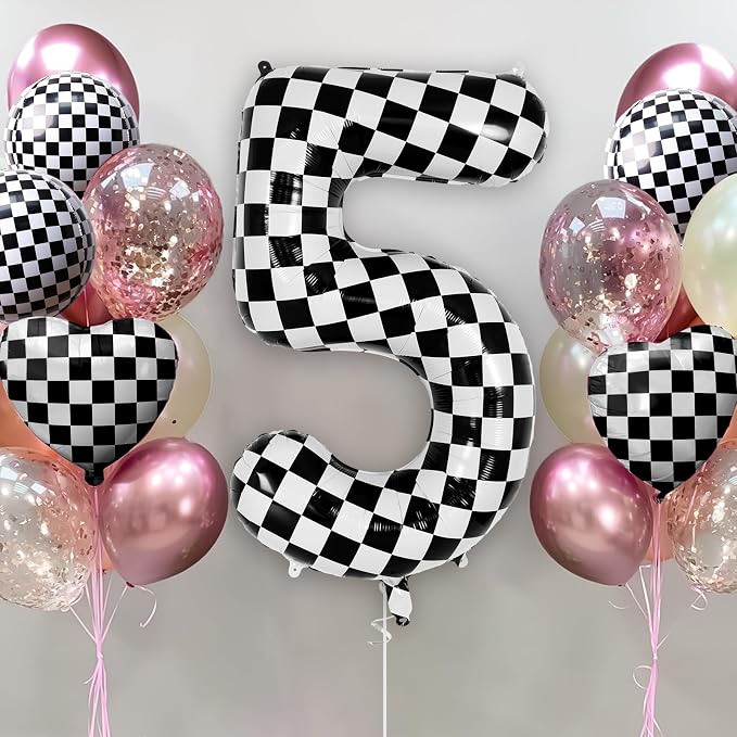 Checkered Number 5 Balloon 40 Inch, Large Foil Black and White Number Balloons - Image 2