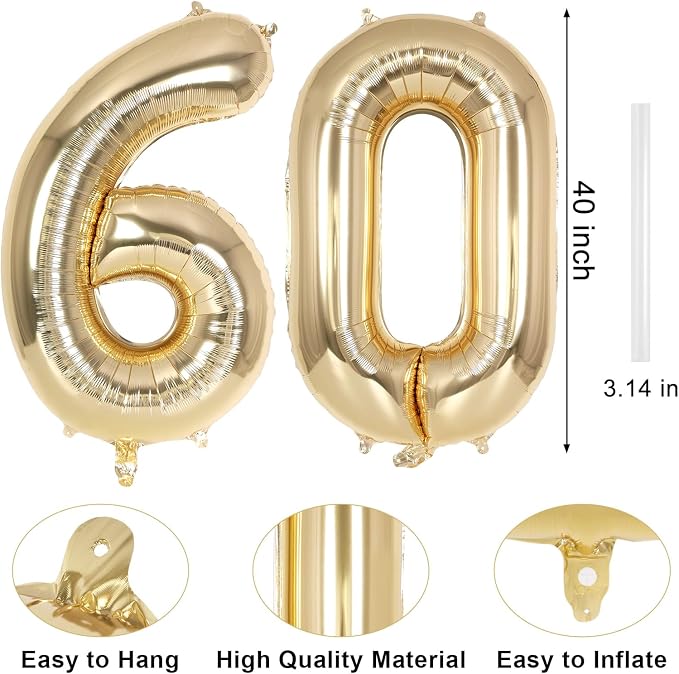 Champagne Gold Large Number 60 Balloon, 40 Inch Light Gold Foil Helium Number - Image 2