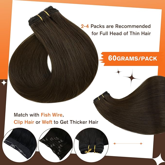 Full Shine Real Hair Extensions Clip in Human Hair 10 Inch Dark Brown Clip in Hair Extensions Remy Natural Hair Clip ins for Thin Hair Add Volume 60 Grams 3 PCS