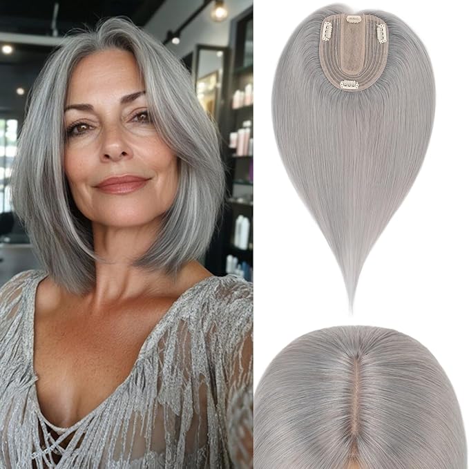 Rich Choices Hair Toppers for Women Real Human Hair 100% Human Remy Toppers NO Bangs for Women with Thinning on Top Clip in Hairpiece 4"x4.7"Lace Base 14 Inch Gray