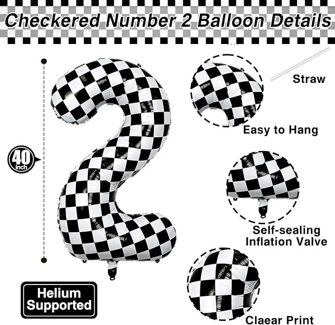 40 Inch Checkered Number 12 Balloon, Race Theme Foil Birthday Decor | 40in - Image 3