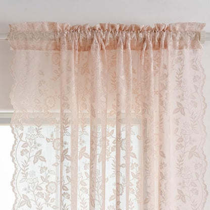 FINECITY Blush Lace Curtains for Girls Bedroom Rustic Floral 2 * 52x63 Inch | - Image 3