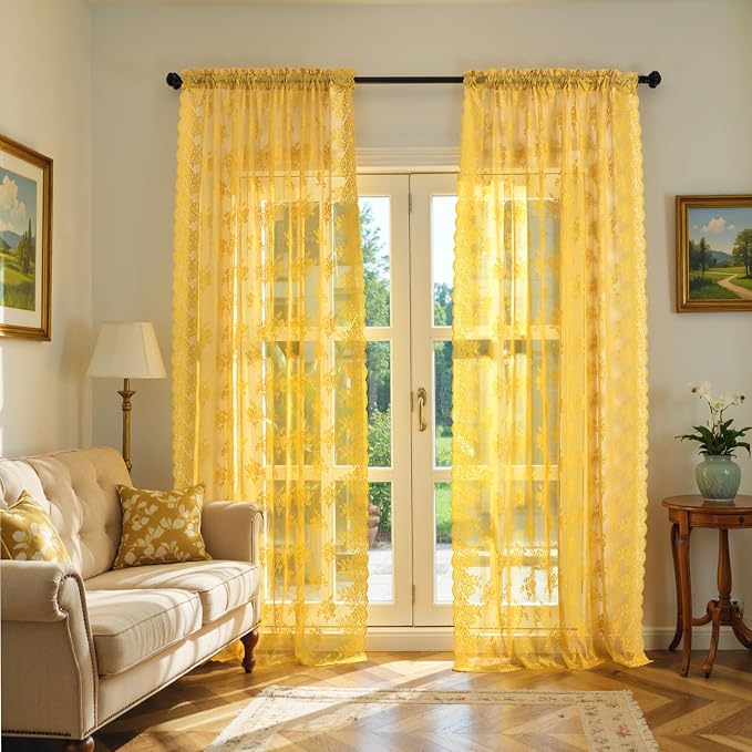 Kotile Mustard Yellow Lace Curtains - Image 2