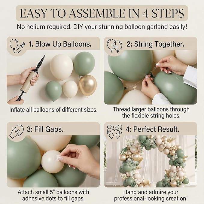 122Pcs Sage Green Cream Gold Balloon Arch Kit, 18 12 10 5 Inch Balloons | Olive - Image 3
