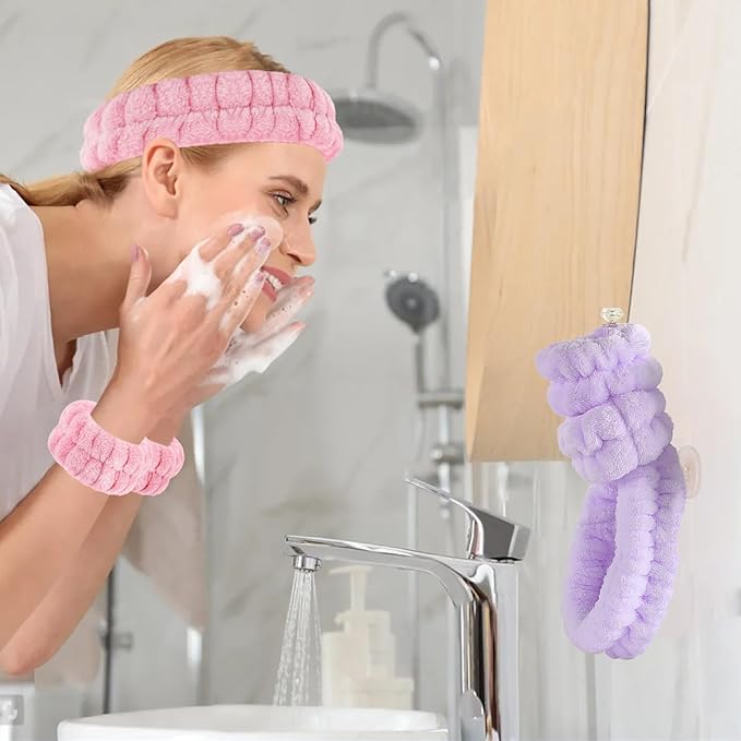 Face Wash Headband and Wristband Set of 2, Microfiber Wristbands for Washing Face Absorbent Spa Wristbands, Fitness