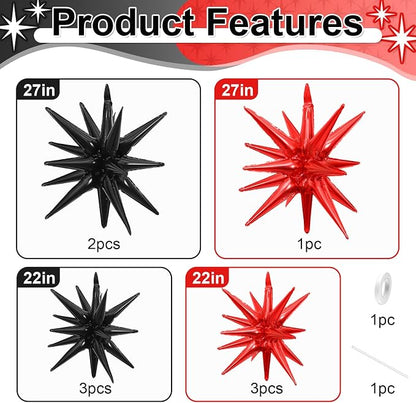 9Pcs Red and Black Star Balloons, Large Explosion Foil Balloons, Metallic Mylar - Image 2