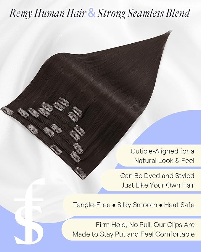 Full Shine Thick Human Hair Clip in Extensions 20 Inch 180 G Dark Brown Hair Extensions Clip in Brunette Hair Extensions for Styling 7 Pcs