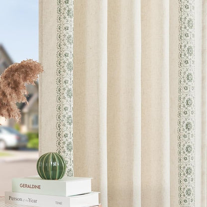 jinchan Floral Linen Curtains Embroidered Back Tab 50x84in 4 Panels Sage | - Image 8