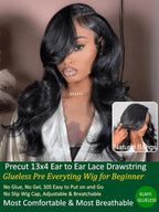 KLAIYI Pre Everything Glueless Layer Side Part Loose Body Wave 13x4 Lace Front Wigs Human Hair Drawstring Curtain Bangs Face framing Pre Bleached Knots Pre Plucked 3S Ready to Put On and Go Wig 18Inch