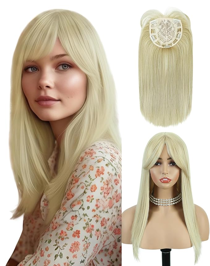 QUEENTAS 18" Blonde Hair Topper for Women with Thinning Hair Pieces 6"*6.2"Large Coverage 360°3D Cover Synthetic Long Straight with 5 Clips in Wiglets(Blonde)