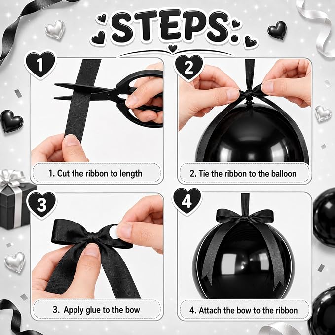 Black Round Foil Balloons with Satin Bows and Ribbon - Image 3
