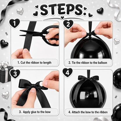 Black Round Foil Balloons with Satin Bows and Ribbon - Image 3