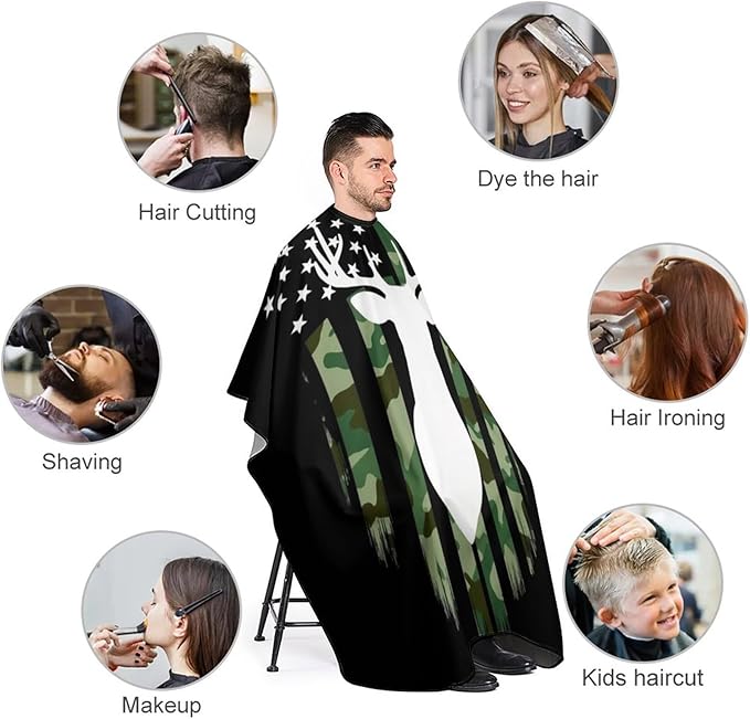 Soft Professional Hair Cutting Cape with Adjustable Closure Barber Cape Deer Camo Camouflage American Flag Hunting Black