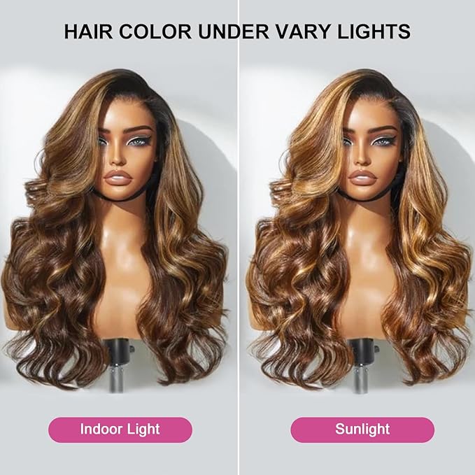 210% Density 13x6 Highlight Ombre Full Lace Frontal Wigs Human Hair 12A Body Wave Brazilian Human Hair Pre Plucked 4/27 Honey Blonde HD Glueless Transparent Lace with Baby Hair 24 Inch